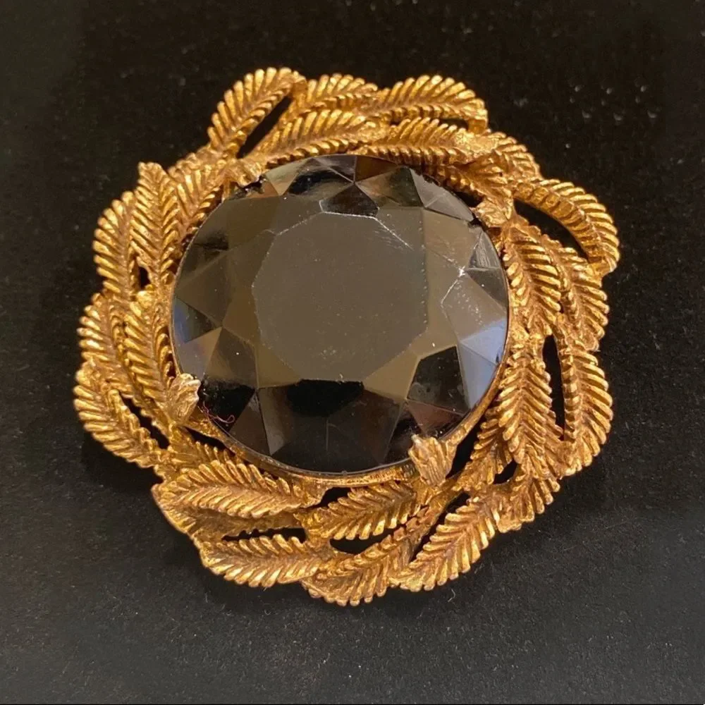 Vintage Faceted Black Rhinestone And Brass Brooch